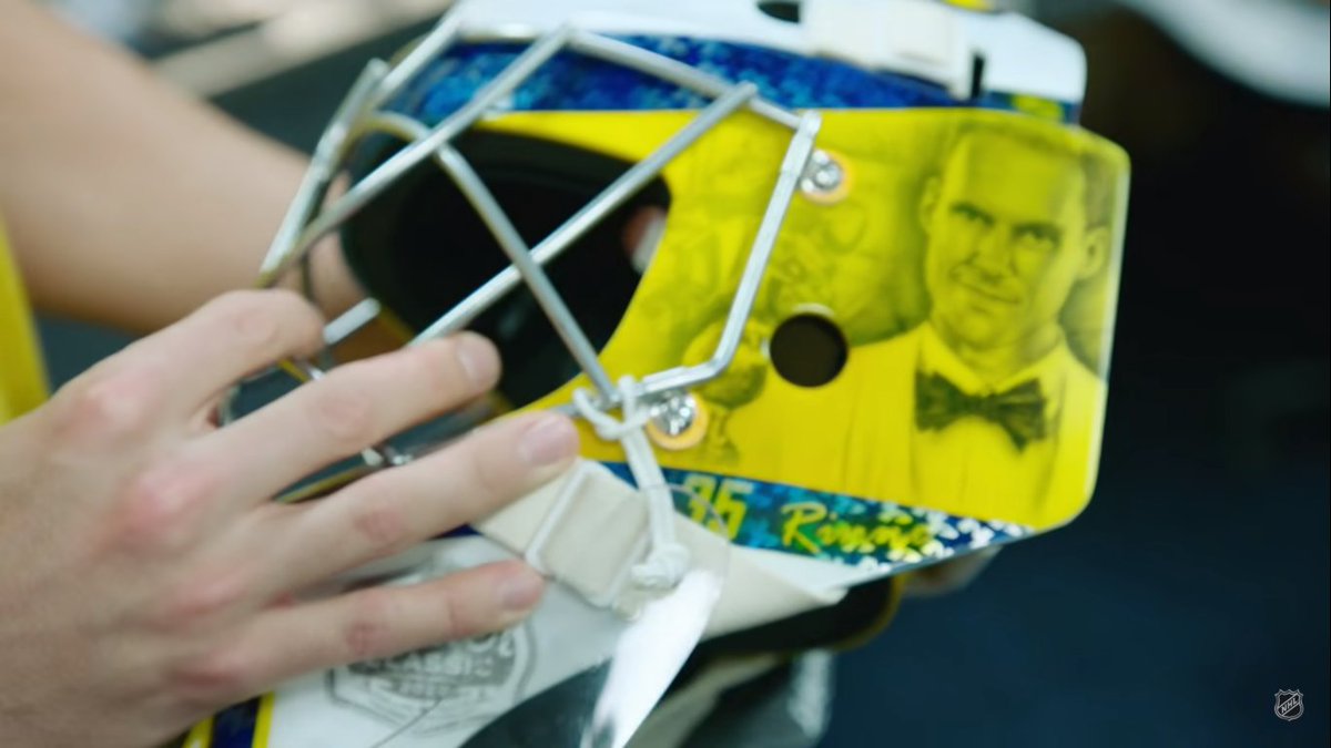 Juuse also has a picture of Pekka, wearing the tux he had on when he won the Vezina Trophy (the best goalie award, basically) on the side of his goalie mask.