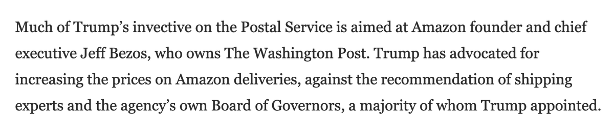 This possibility just blew my mind:The suggestion that Trump wants to kill USPS because he doesn't like how the Washington Post covers him, and he thinks killing USPS will hurt Amazon and therefore will therefore hurt Bezos and the Post.2 problems. https://www.washingtonpost.com/business/2020/04/11/post-office-bailout-trump/#click=https://t.co/JD6WgwZGMv