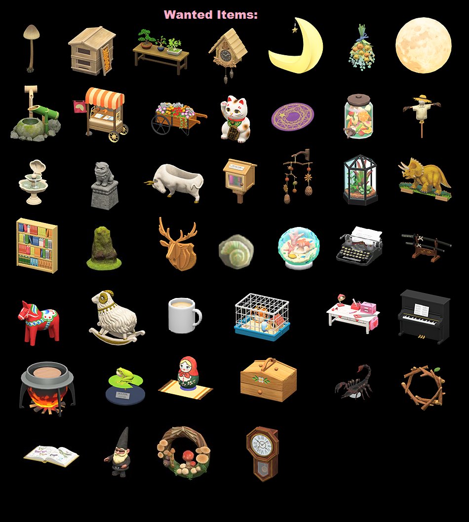 Animal Crossing wishlist- open to color variations on all the objects  feel free to comment here or DM if you want to do a trade!  #animalcrossingwishlist  #ACNHTRADE  #animalcrossing  