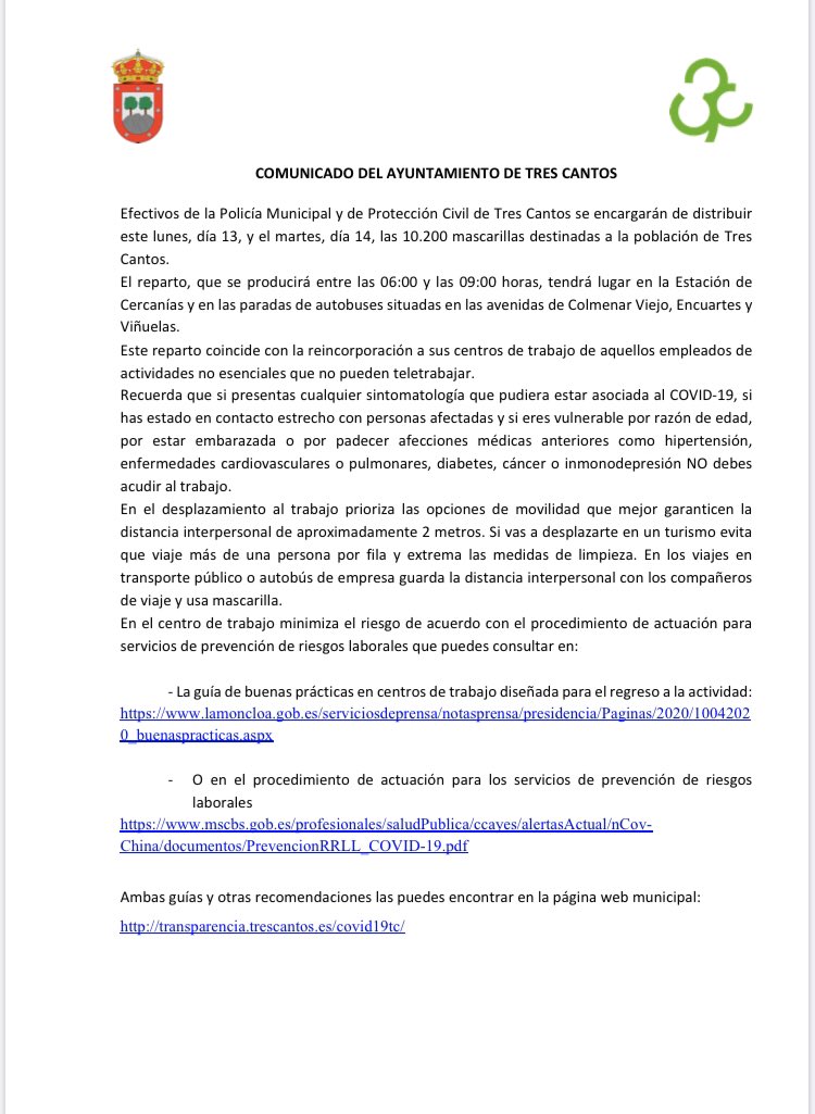 ayto3cantos's tweet photo. 🚨@policia3cantos y Protección civil distribuirán este lunes y martes 10.200 mascarillas. 

📍El reparto será en la Estación de Cercanías y en las paradas de autobuses de las avenidas de Colmenar Viejo, Ecuartes y Viñuelas, entre las 06:00 y las 09:00. https://t.co/d70UB7YJp9