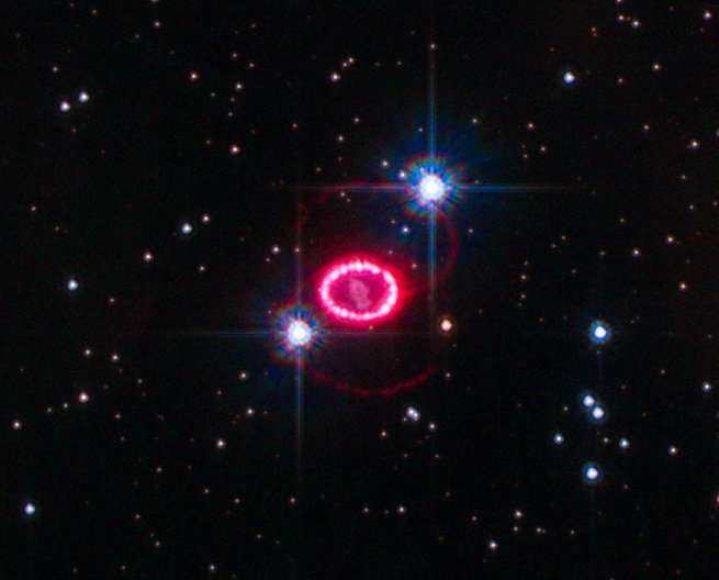 But how does a *collapse* turn into an *explosion*? The inner part of the core starts turning into a bb neutron star, and all the stuff that was falling in suddenly bounces off. This launches a shock wave that, the story goes, ultimately disrupts the star. Image of SN1987A (NASA)