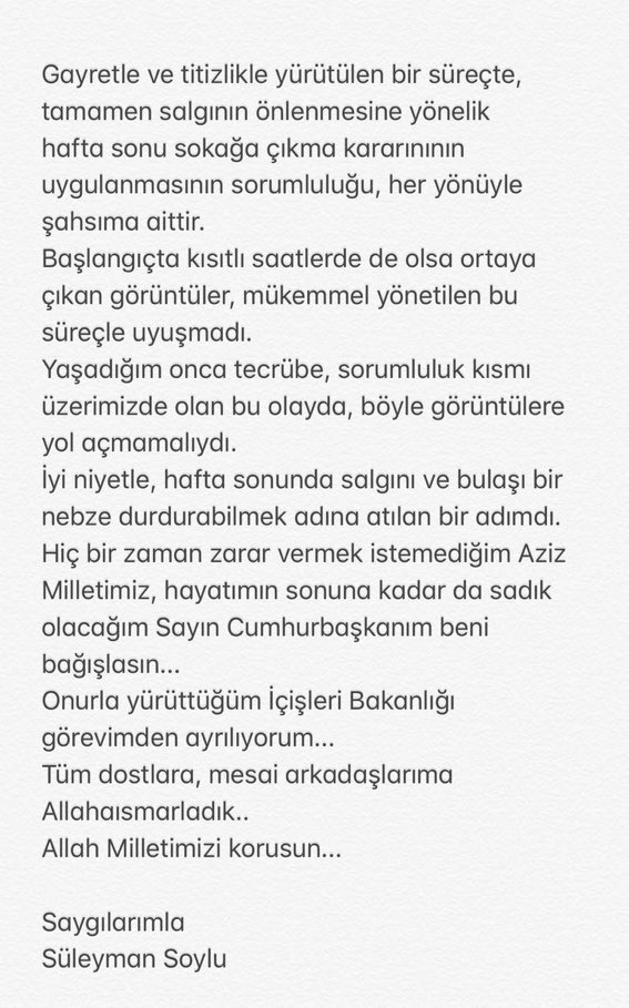 Sayın Bakanım, 2 günlük Sokağa çakma yasağı kararı İstifa etmenizi gerektirmezdi. Buna rağmen istifa kararınız onurlu bir karar ancak, bu kararınızla  bizleri  üzdünüz zalimleri ve hainleri sevindirdiniz.  
Rabbim sizlerden razı olsun.
<a href="/suleymansoylu/">Süleyman Soylu</a>
