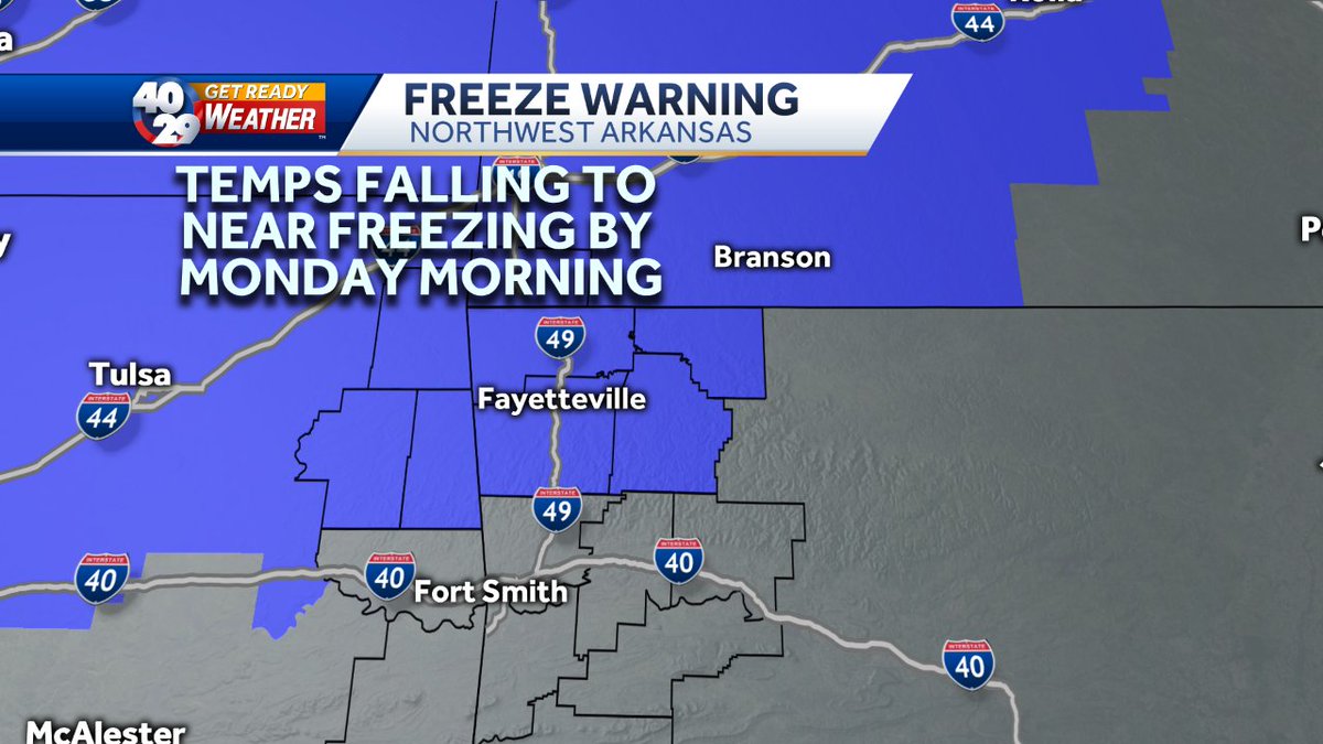 We do have a Freeze Warning for #NWArk for early Mon AM. Temps will fall VERY fast this evening, should end up within a couple degrees of freezing by early morning. So, not a bad idea to bring those plants in this afternoon or this evening to be safe.
#arwx 
#okwx