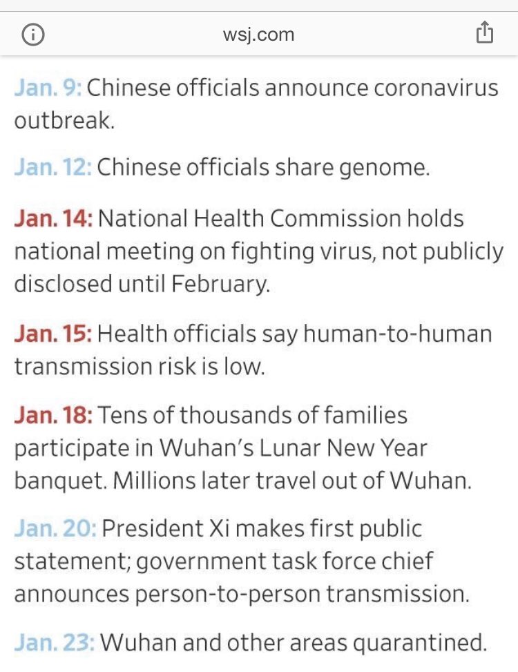 This article came out January 9th. The story is still up without the accurate info at  @nytimes.  @WSJ broke down the actual timeline. Link here, details in screenshots below:  https://www.google.com/amp/s/www.wsj.com/amp/articles/how-it-all-started-chinas-early-coronavirus-missteps-11583508932  https://twitter.com/nytimes/status/1215181451190251520