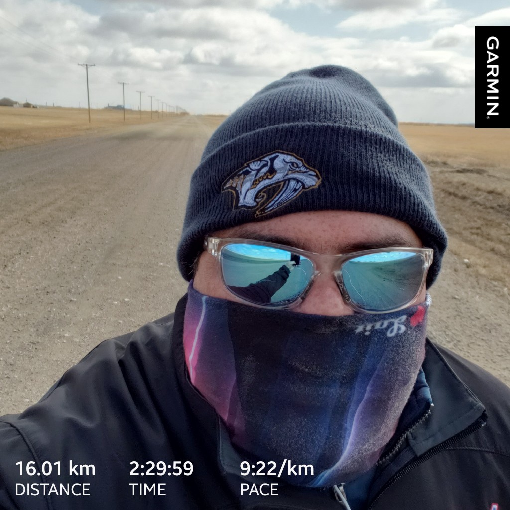 tmac_29's tweet photo. Today's HM Training for virtual #saskmarathon and virtual 10k for #yqrvetrun, it was cold and windy but I got my distance in, getting closer to 21.1 #garmin #beatyesterday #learntorun #hm #training #PhysicalDistancing #yqr #nod https://t.co/Tc9pLT3gzb