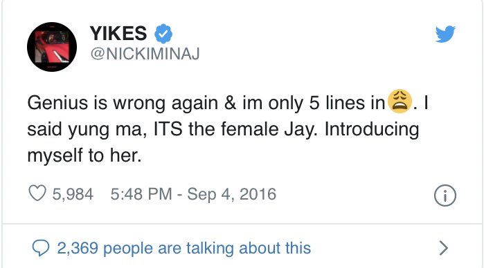 “Young ma, it’s the female Jay. I’m a brand according to what retail say”Minaj clarified the line on Twitter as her introducing herself to Young M.A as the “female Jay Z.” She purposely pronounced her name wrong so it sounds like “young ma,” positioning herself as the OG