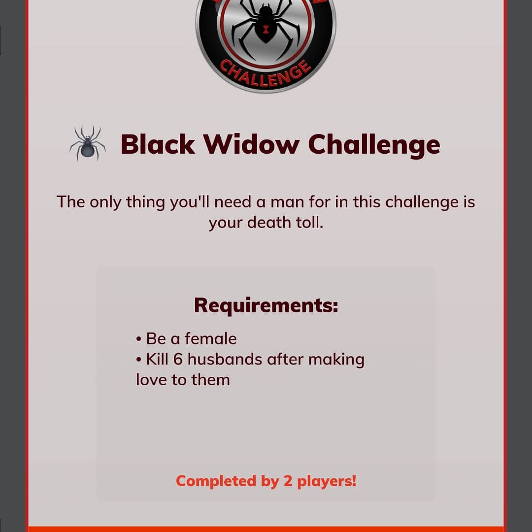 PurpleBitLife's tweet photo. It's a new challenge! BLACK WIDOW CHALLENGE! Looks easy but not quiet... #Android #BitLife #BitLifeAndroid #BitLife4Life #BitLifeGame #BlackWidow https://t.co/h20DXML1wX