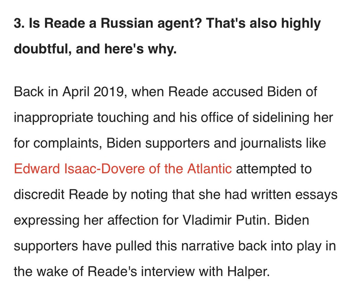 “Is Reade a Russian Spy?”  @AmandaMarcotte asked in a headline. “It’s highly doubtful, and here’s why”. You might hope to see examples of people who had called Reade a spy, but Marcotte didn’t have even one example.