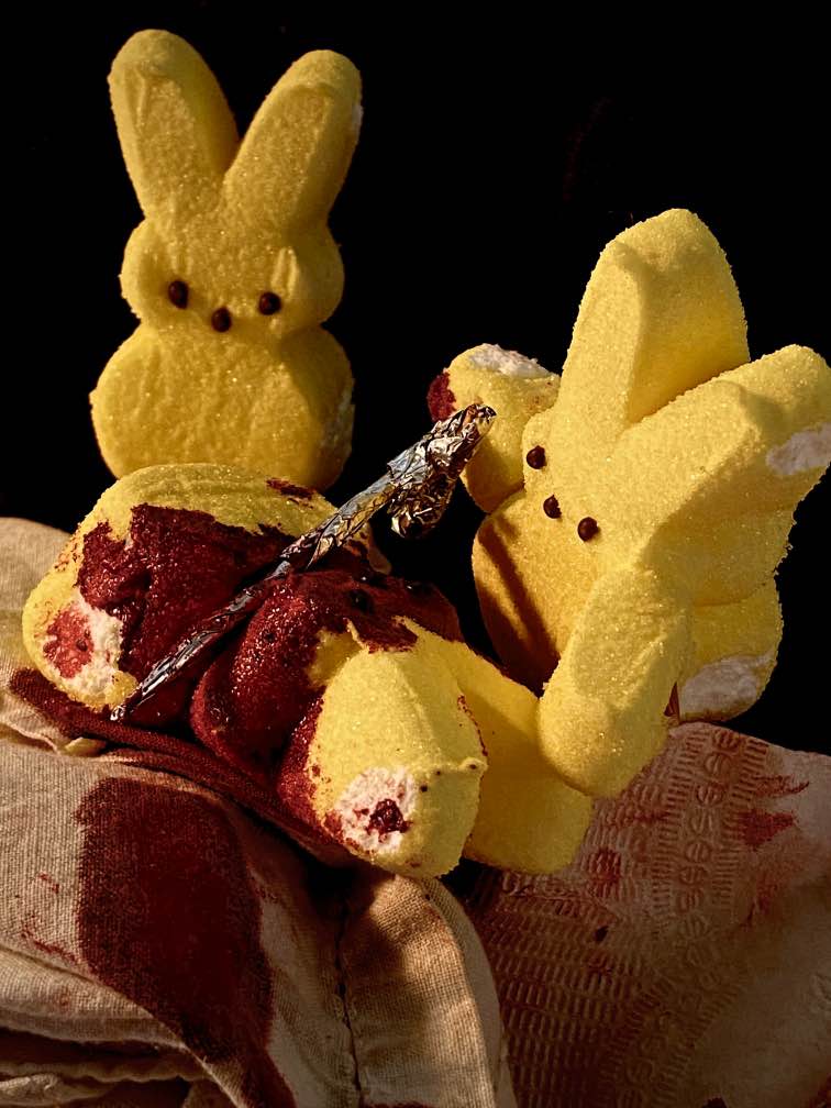 After Artemisia Gentileschi, Judith Beheading Holofernes, 1611-12, AKA home on Easter with two bored kids and a box of Peeps