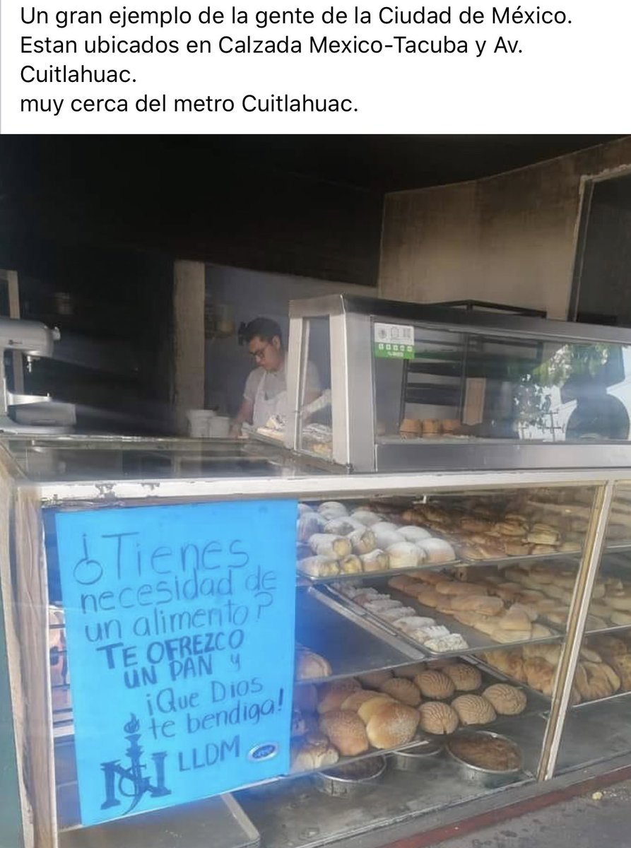 #MéxicoSolidario👊🏻 Panadería en Calzada México-Tacuba y Cuitláhuac 👏🏻 
¡Que se note que somos más los buenos! Para que se contagien las buenas acciones y dejemos de lado el egoísmo que es el virus más letal de la humanidad.
<a href="/JLMatabuena/">José Luis Matabuena</a> <a href="/stamalaribera/">SantaMarialaRibera</a> <a href="/VillaDeCortesBJ/">Villa de Cortés 🌳🌲🌴🍃💧🚴🍉</a> <a href="/JazzEGM/">Jazz González 🇲🇽</a>