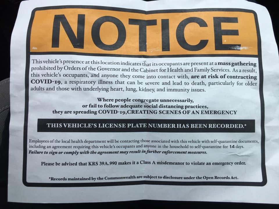 This was left on people’s cars today if they attempted to attend church. The police don’t know if they were socially distancing and wearing masks. They literally just said you can go to Walmart but not to church, and they did it upon orders of  @AndyBeshearKY