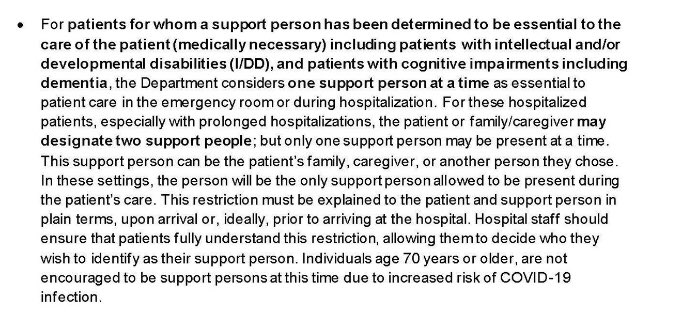 GREAT (but not enough):  @NYGovCuomo says hospitals must permit a support person for patients to whom it is “medically necessary” including for patients with I/DD. Patients should have 2 designated caregivers; only one can there at a time. Issue is who decides if it is necessary?