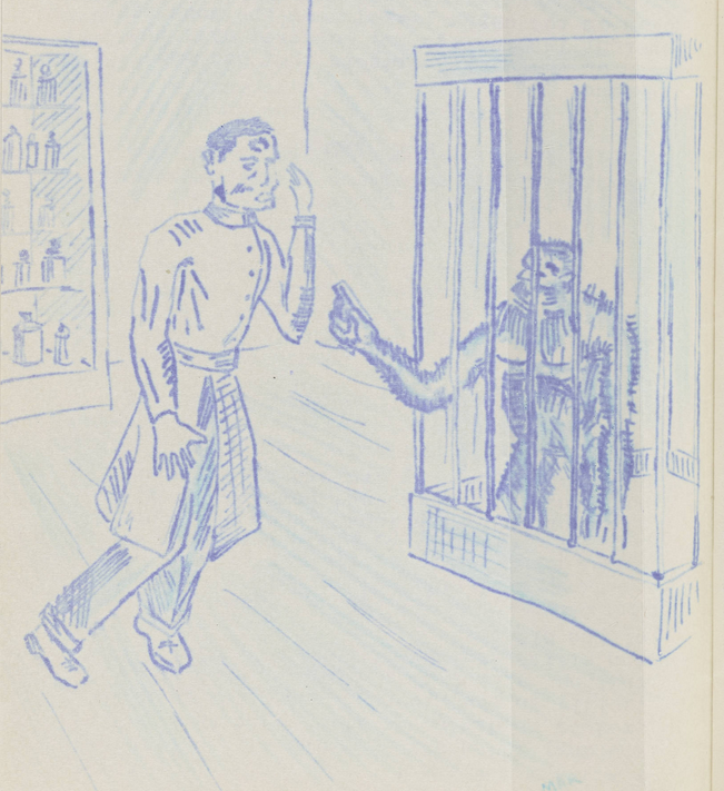 This chimpanzee aiming a gun at a scientist, from a story entitled "Retribution," is the aesthetic I needed today.