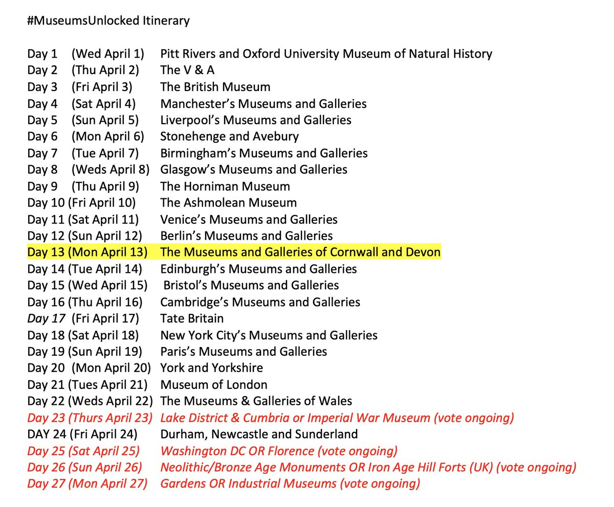 Here's a reminder of our itinerary for  #MuseumsUnlocked - this coming week, after Devon and Cornwall on Monday we have Edinburgh (Tues), Bristol (Weds), Cambridge (Thurs) and Tate Britain (Fri) coming up — and then New York City and Paris next weekend!