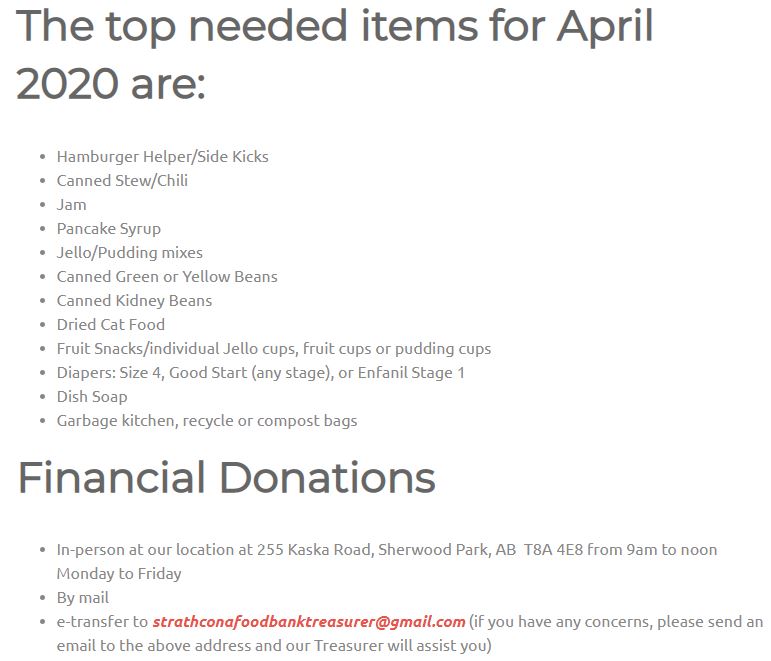 StrathRotaract's tweet photo. The @StrathconaFB ! Did you know that most stores with a food bin collecting donations for them are still open? 
See the top needed items and other ways to donate at https://t.co/d179npmBr0

#shpk #strathco #WereInThisTogether #foodbanks #community https://t.co/l6XRv3INGD