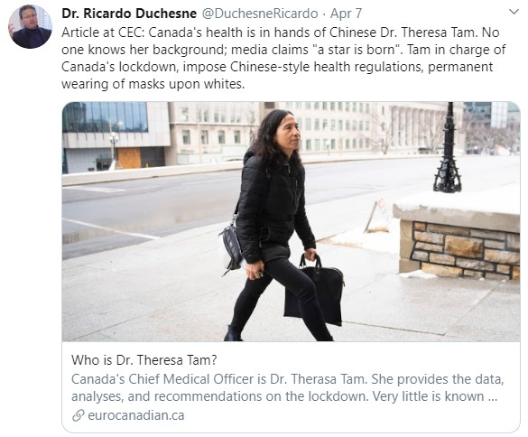 2/ Ricardo Duchesne is pushing the idea that the virus is being used to replace white people, and that China is the "biggest menace" to whites while launching racist attacks against Dr. Tam on his website.  #COVID19 LINK:  https://bit.ly/2V2RPqr 