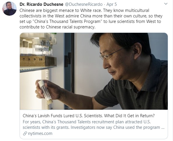 2/ Ricardo Duchesne is pushing the idea that the virus is being used to replace white people, and that China is the "biggest menace" to whites while launching racist attacks against Dr. Tam on his website.  #COVID19 LINK:  https://bit.ly/2V2RPqr 