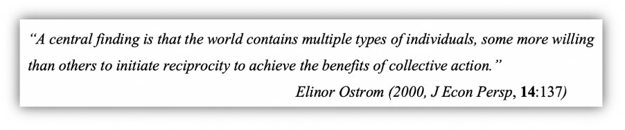 The best evidence so far for non-linear public goods and stable polymorphism is from microbes and tumors. What about humans? Why do we have  #SelfishPricks AND  #StayAtHome  ? Let’s turn to the late, great Elinor Ostrom: