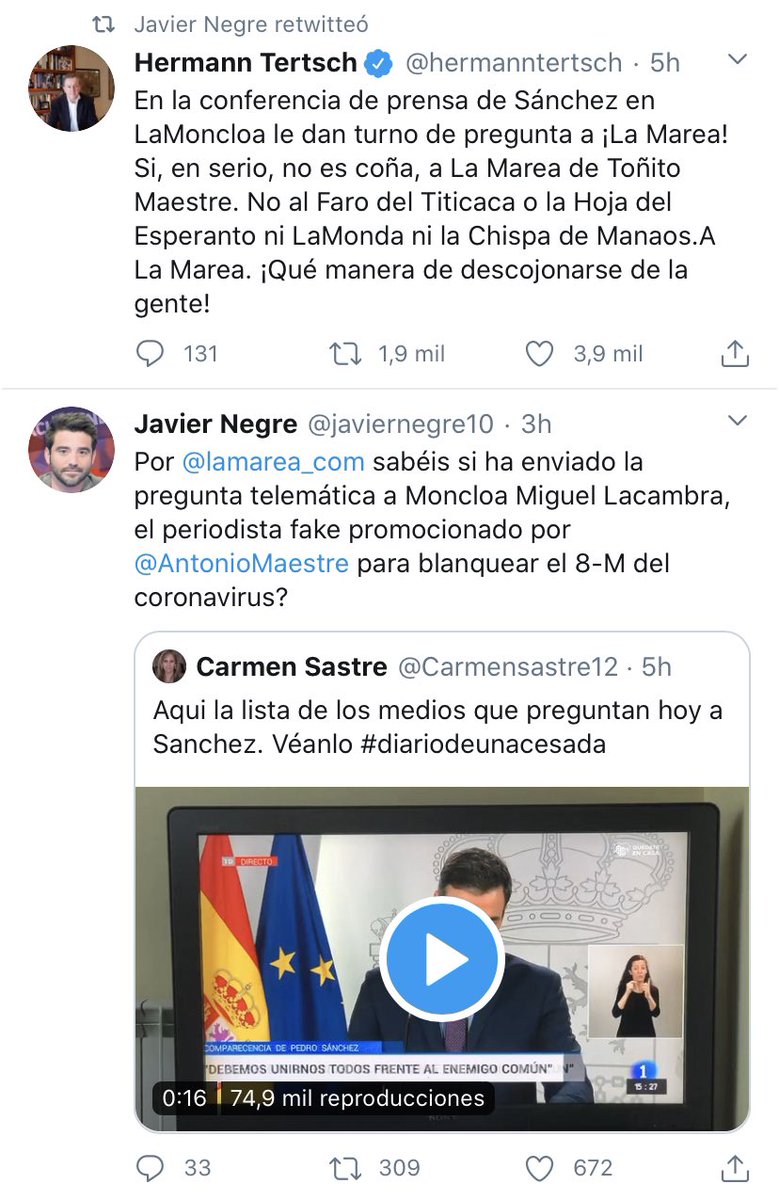 El bulo del domingo tiene que ver con las preguntas de la rueda de prensa del presidente del Gobierno. Un bulo que afecta especialmente a los compañeros de <a href="/lamarea_com/">La Marea</a> y que les acusa de haber sido elegidos a dedo para preguntar por su línea editorial. Falso de toda falsedad.