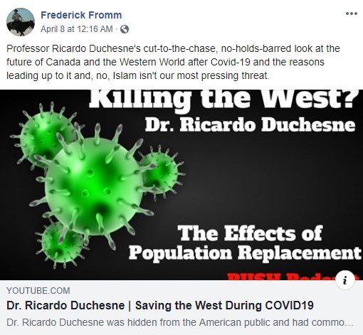 3/ Paul Fromm spreads the conspiracy that the virus is stolen from Winnipeg by Chinese nationals and shares Duchesne's racist shitbaggery.  #COVID19 LINK:  https://bit.ly/2V2RPqr 