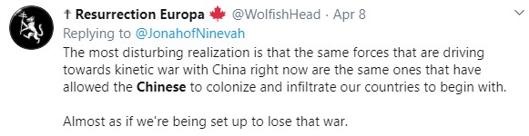 4/ While white supremacist accounts that Duchense boosts regularly gleefully share abuse hurled at Chinese, while claiming this is an invasion by the Chinese. #COVID19 LINK:  https://bit.ly/2V2RPqr 