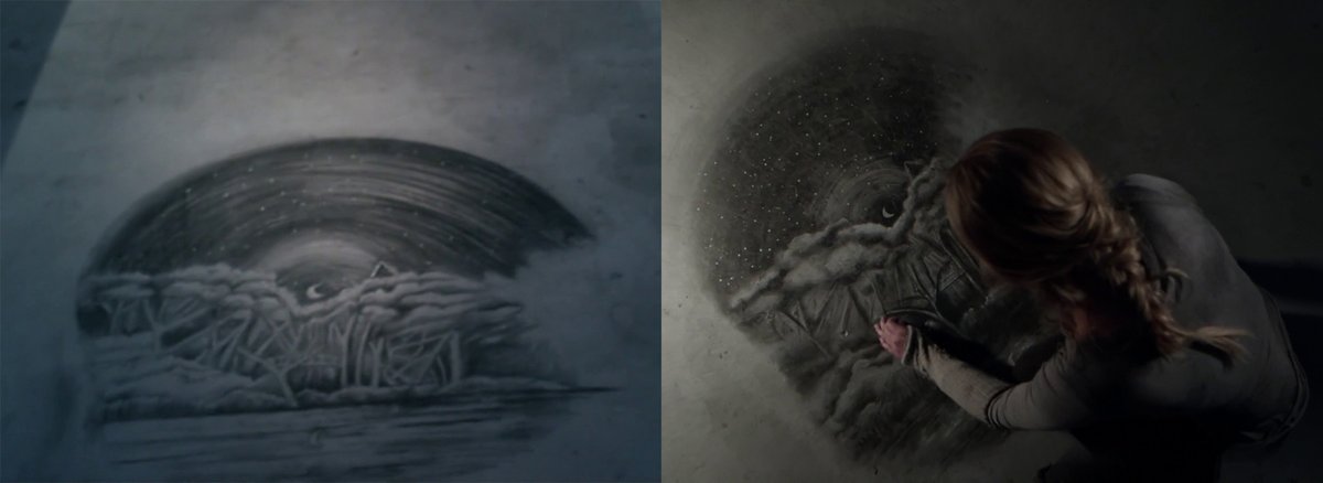 1x01The first scene of the show - the image on the floor in the mindspace version of Clarke's cell in Skybox is the same image she drew on the floor of her actual cell.