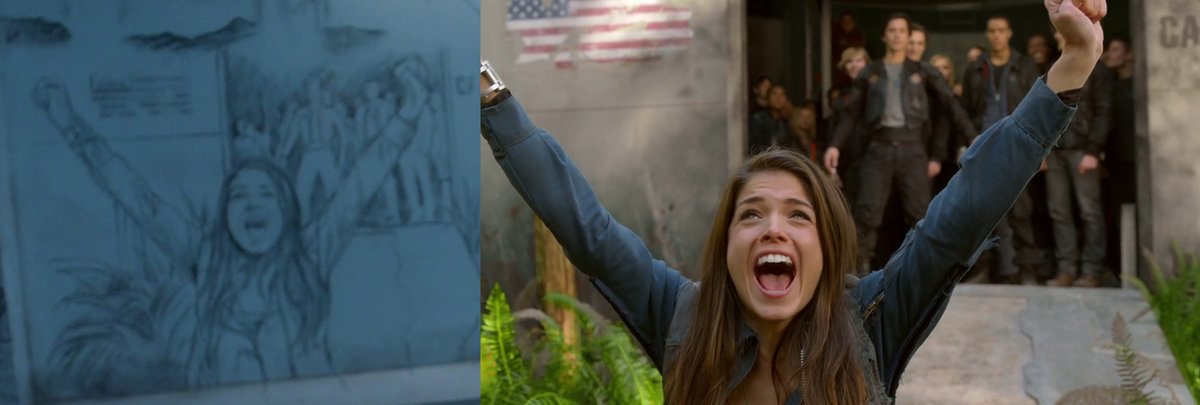 "We're back bitches!" twice - the second is from Clarke's POV. The first one was one of the drawings Josephine touched and we heard an audio flashback of it.