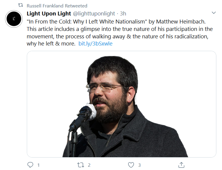 [THREAD]Lakewood Neo-Nazi and (former) Traditionalist Workers Party member Russell Frankland is sharing Matthew Heimbach's article from Light Upon Light about how he allegedly left "White Nationalism", despite evidence to the contrary.Heimbach's komrades know this is a ruse.