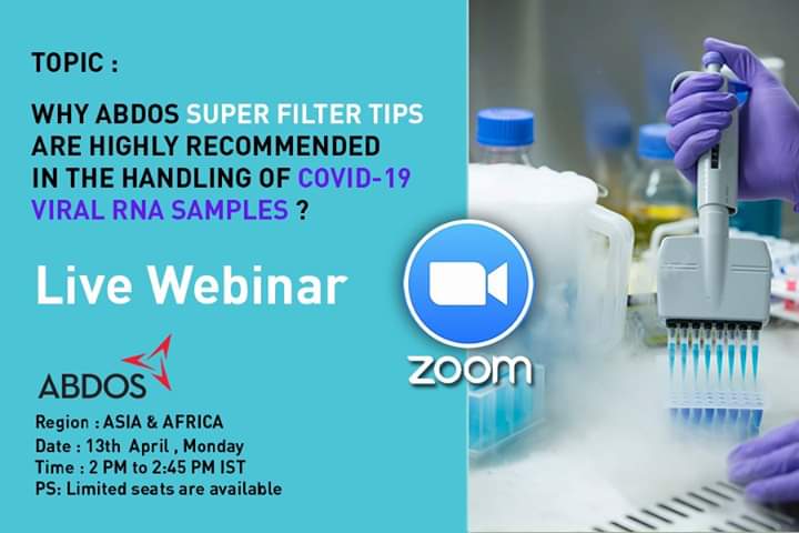 VicusVd's tweet image. ABDOS is organising a live webinar  on &quot; ABDOS FILTER TIPS IN HANDLING OF COVID19 VIRAL RNA SAMPLE &quot;.  Please find the below details to sign up. 
Region :SIA &amp;amp; AFRICA
 2020, Monday docs.google.com/forms/d/1NxKUc…

#ABDOS | #CreatingForLifeScience | #covid19testing #covid19