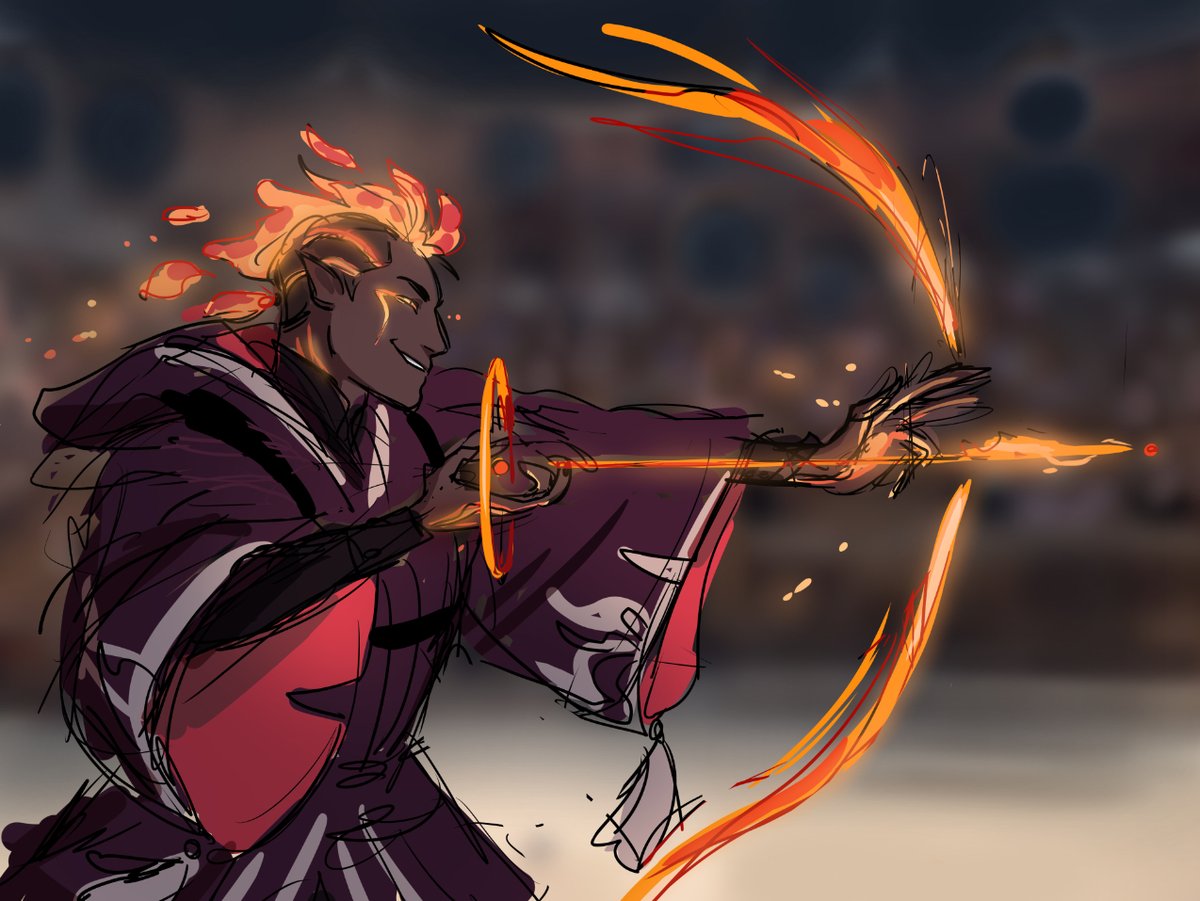 Firestarter, a fire genasi Phoenix Sorcerer—!! He works in the Sorcerer’s Grave, a magic-only battle arena in the city of Moonkiss.🌙