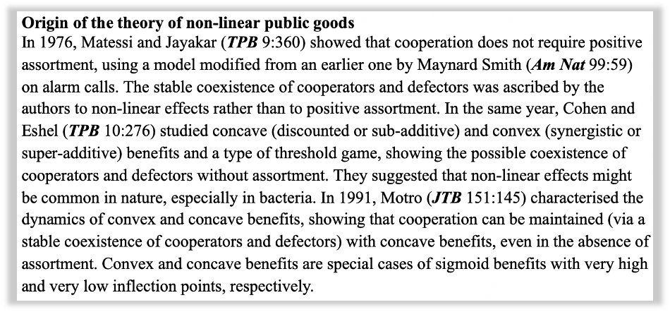 I am very fortunate to have learned about non-linear public-goods games from Marco Archetti ( http://bit.ly/2XsMLgw ) and István Scheuring ( http://bit.ly/2JVNleV ) (neither on Twitter), who generalised work that began in the 1970s.