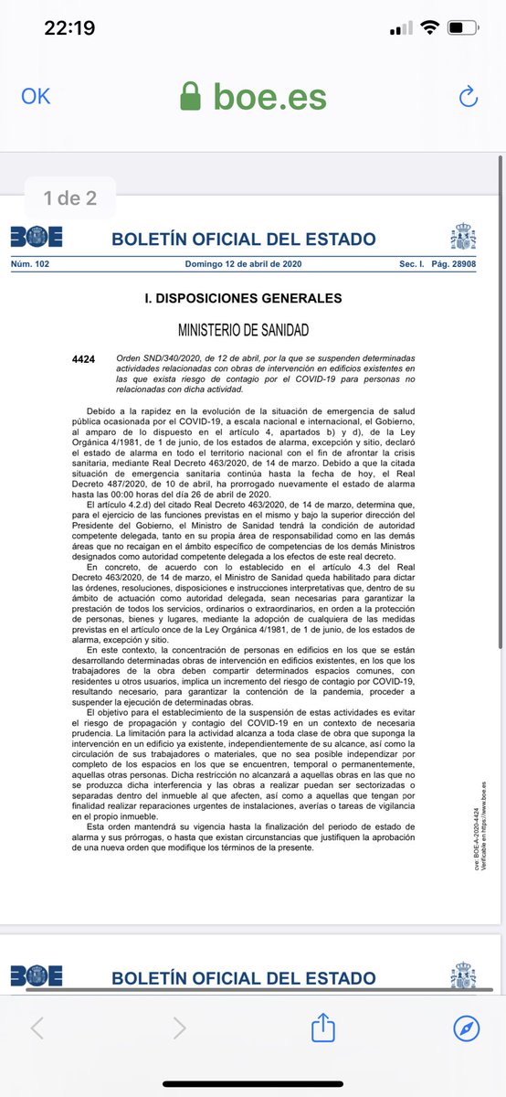 lorenzoamor_ata's tweet photo. Importante!!!
El BOE ha publicado una Orden Ministerial de Sanidad donde,queda suspendida toda actividad de construcción en viviendas o edificios donde haya contacto con las personas que conviven
Salvo reparaciones urgentes! https://t.co/0p1lxpblOx