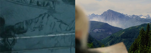 Mount Weather - the first time Clarke saw it, after landing.I spotted the same image among Clarke's drawings we saw in her Shallow Valley home in season 5, though it was really tiny in the background.