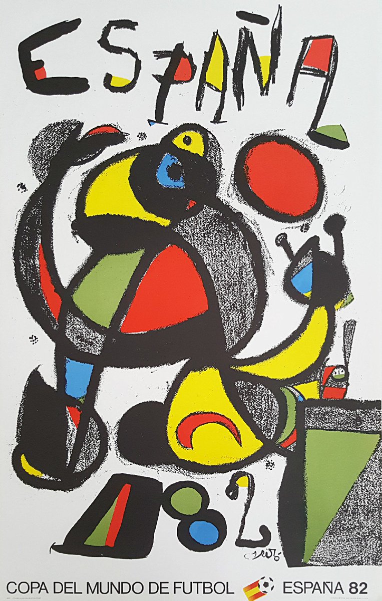 At around the same time, Miró painted this promotional poster for the upcoming 1982 FIFA World Cup, which Spain was hosting. It was—I think we can all agree—far more appealing than the soccer-ball-spanish-flag “official” logo, found here at the bottom of the poster.