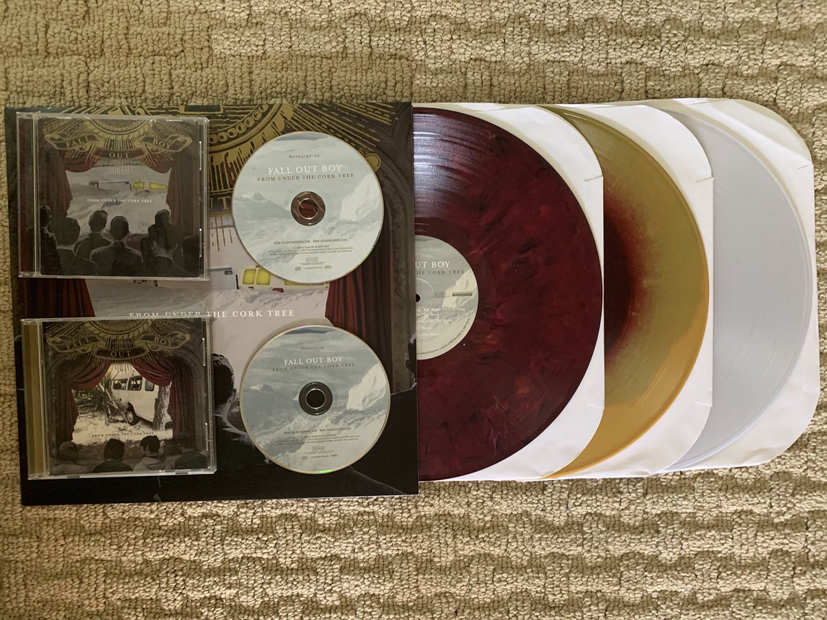 1. Fall Out Boy’s Evening Out With Your Girlfriend (Bootleg)2. Take This To Your Grave (Clear)3. From Under the Cork Tree (Maroon/Gold with Maroon/Clear)4. Infinity on High (Clear with Blue Splatter/Clear)