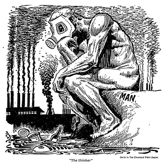 Not just in photographs, but in cartoons and other visual media, the gas mask became ubiquitous. Here’s an editorial cartoon from the Cleveland Plain Dealer featuring the Thinker outfitted in a mask, contemplating the air and water pollution all around: