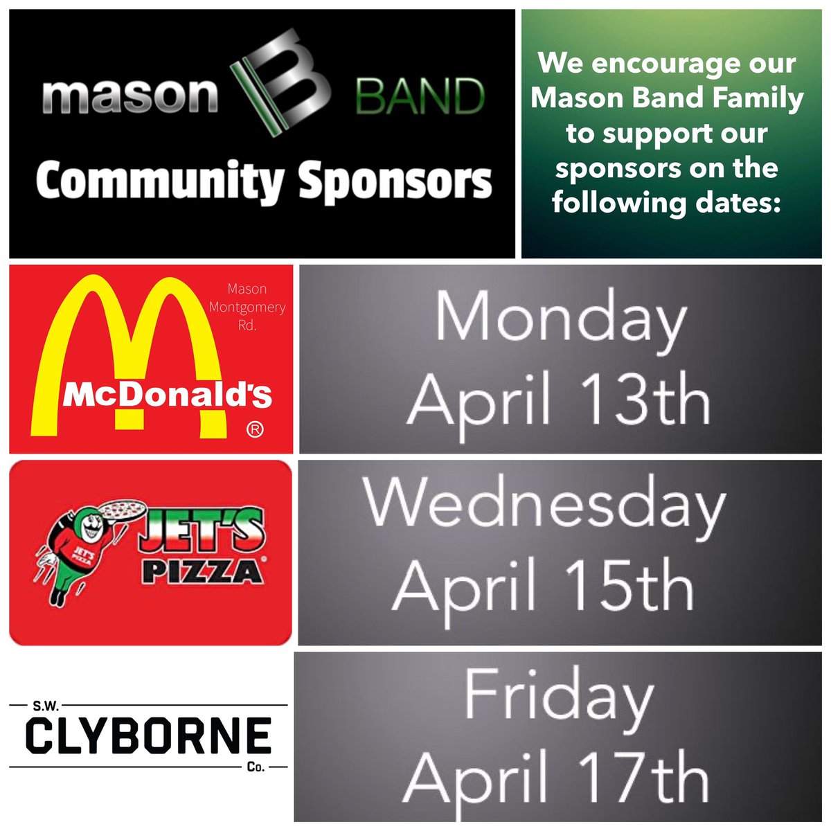 MasonBands's tweet photo. Mason Bands it’s our time to give back to our sponsors!  Over the next few weeks we will be asking you to show our support to sponsors on certain days!  Here’s the schedule and please thank them for sponsoring Masson Band when you pick up your food! https://t.co/Ai1vSKKVqZ
