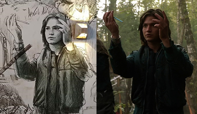 1x04Finn with one of the pencils from the shelter he found, trying to impress Clarke.