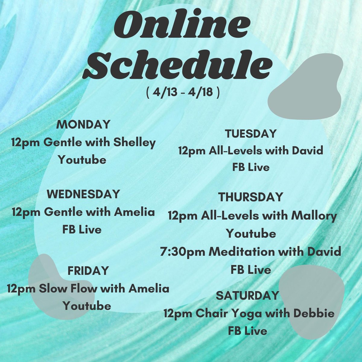 aycyoga's tweet photo. This week’s online class schedule. 

Donations to the studio are welcome: https://t.co/atUuIaLqiR https://t.co/qJ1JyD02v9
