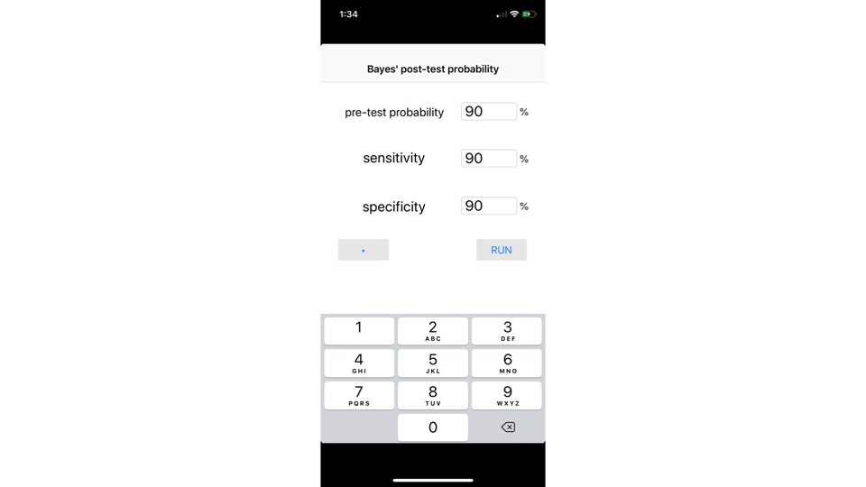 Turns out there's math for this. We use Bayes theorem. Good news is no need to memorize the equation. Just punch the numbers into this app (one of many):  https://apps.apple.com/us/app/bayes-post-test-probability-calculator/id371920137. Pic shows scenario where pre-test likelihood is 90% & test is 90% sensitivity/specific. Next... (3/5)