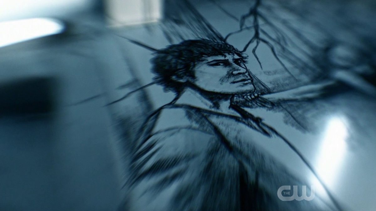 We've had a bit of disagreement about this Bellamy image (or images). It shows up as a part of the drawing of him torturing Lincoln in the scene from 1x07 on one of the walls, but it also appears on its own on the ceiling.