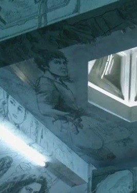 We've had a bit of disagreement about this Bellamy image (or images). It shows up as a part of the drawing of him torturing Lincoln in the scene from 1x07 on one of the walls, but it also appears on its own on the ceiling.