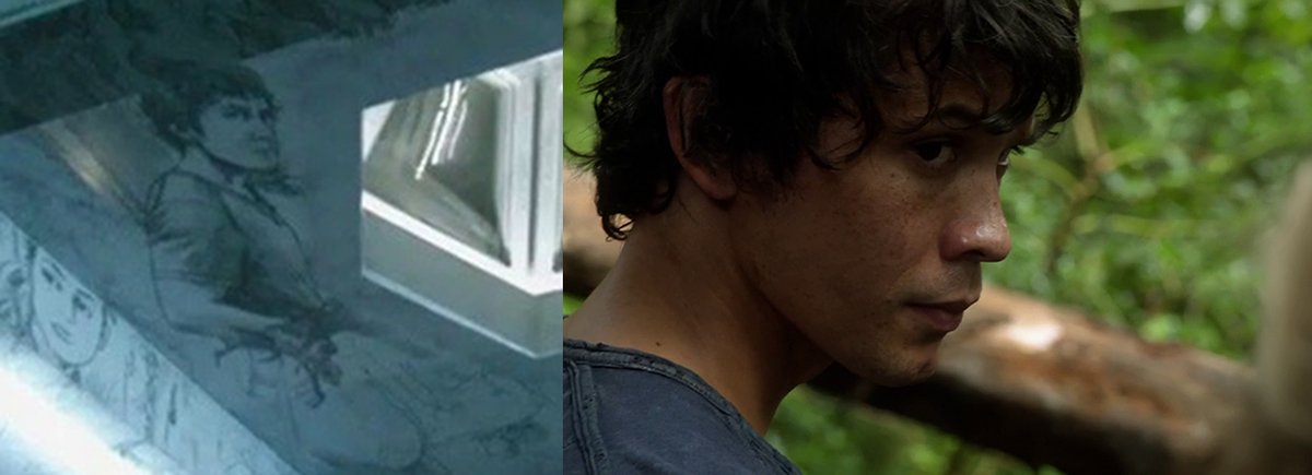 On the other hand, especially when you look at the Bellamy image on its own, as it is on the ceiling, it looks most like a drawing based on the scene from 1x02 - "I heard you have a gun''...