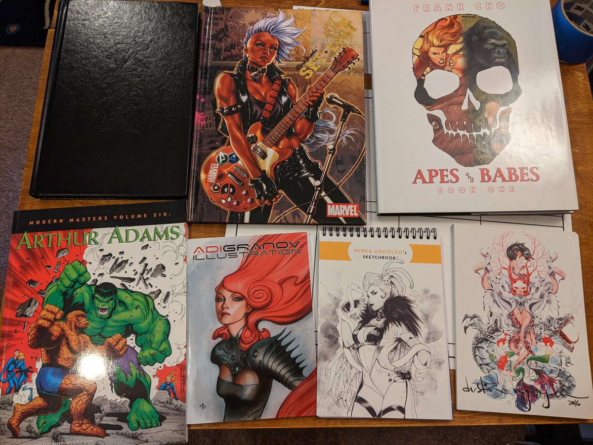 These my favorite art and sketchbooks I've picked up at cons. The one that looks like it's all black is David Mack's, some Kanji is embossed on the cover it just doesn't show in the picture.