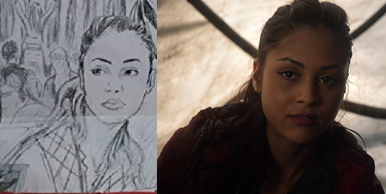 A Raven portrait, which is probably not about any particular scene (some images just represent certain characters), but it most closely matches this love-triangle moment from 1x08.The same portrait was seen as one of Clarke's drawings in season 5.