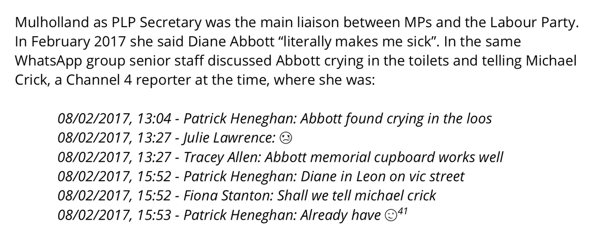 michaeljswalker's tweet image. In case you had any doubt as to why Diane Abbott was crying in the toilets, as party staff mocked her and passed on her location to journalists. Check the dates.