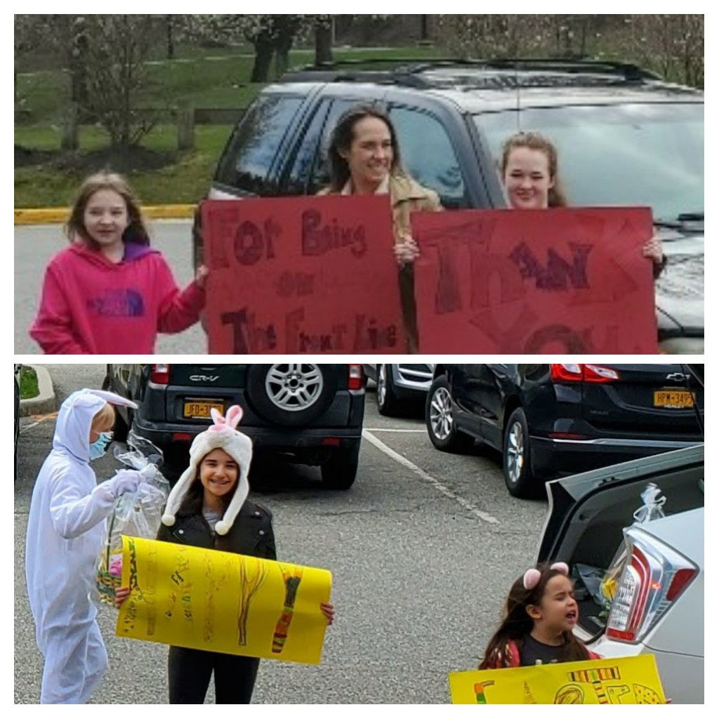 Thank you to the Easter Bunny and her helpers cheering on the @NYPHVH team inside our hospital this morning!!  Thank you to our neighbors Ariella, Taylor, Gabriella, William, Langdon, Mackenzie &amp; Guilliana for your support and inspiration!! <a href="/nyphospital/">NewYork-Presbyterian</a> @NYPQueens