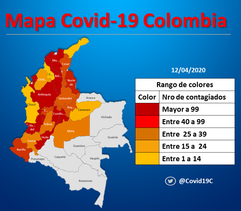 Covid19C's tweet photo. Mapa de contagios #Covid_19 en #Colombia hoy #12deAbril 
#coronavirus #COVIDー19 #COVID19 #ColombiaEnEmergencia #HazTuParte #COVID2019 #YoMeQuedoEnCasa #CuarentenaExtendida https://t.co/CDjQyurEtY