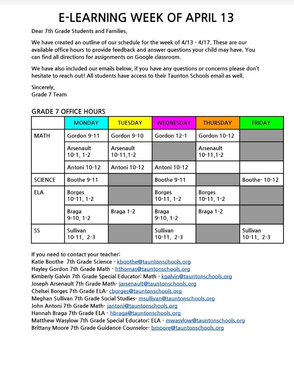 Good afternoon Parker family! The 7th grade team has created an outline of our schedule for this week! Please reach out with any questions. All teachers will also be posting this on our Google classrooms! <a href="/parker_middle/">Parker Middle School</a>
<a href="/MikeByron7/">Mike Byron</a> <a href="/Taunton_Schools/">Taunton Public Schools</a> #PleaseRT