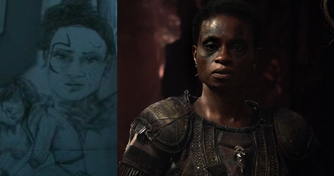 Portrait of Indra - also probably not about any particular scene, but it looks like their first meeting in 2x07.This was also one of Clarke's drawings in season 5.